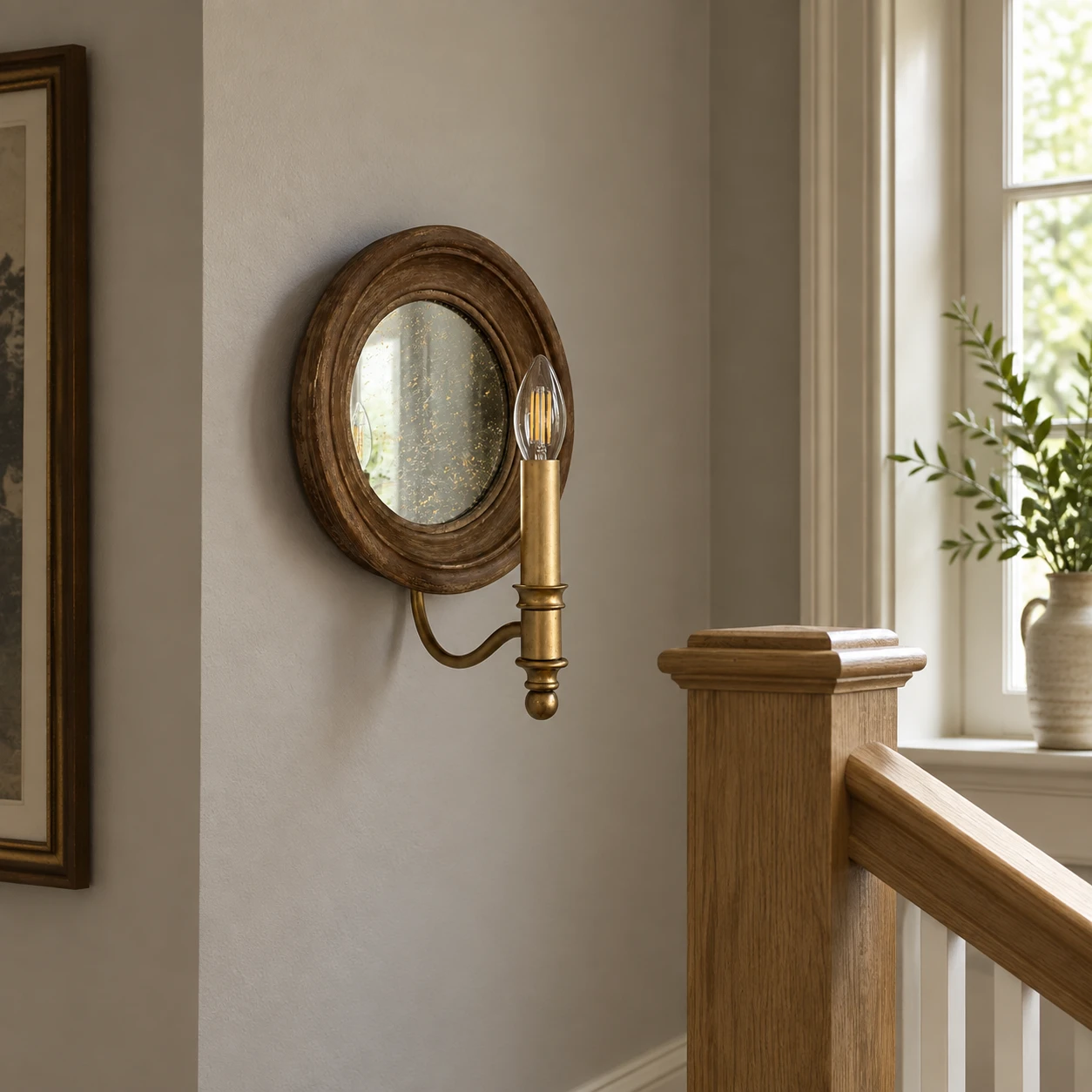 Carved wood mirror wall sconce at a stair landing