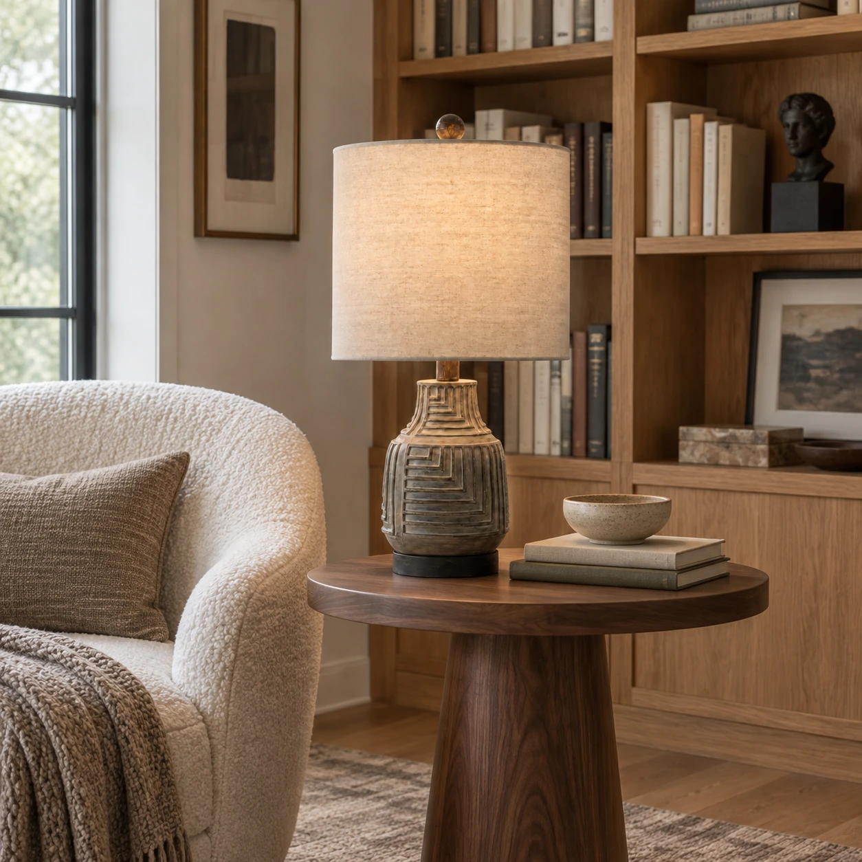 Carved wood table lamp beside a reading chair