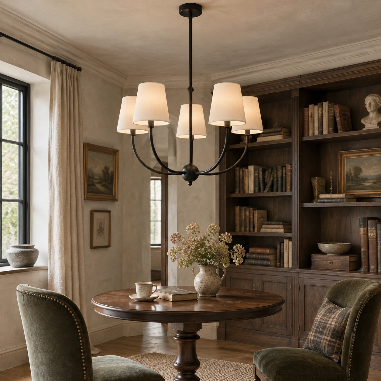 Vintage branch chandelier with fabric shades installed in a library nook