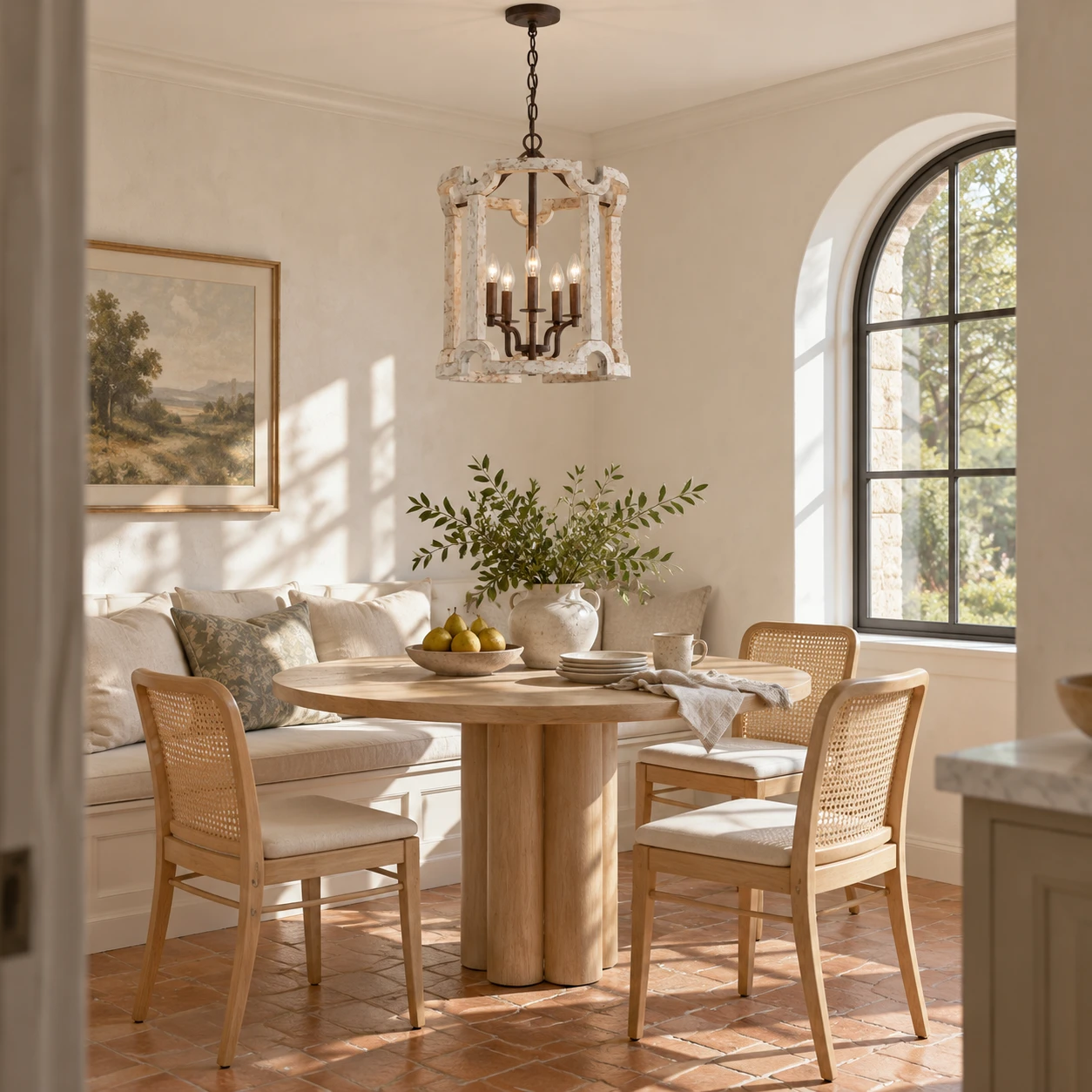 Carved wood birdcage chandelier in a sunlit breakfast nook