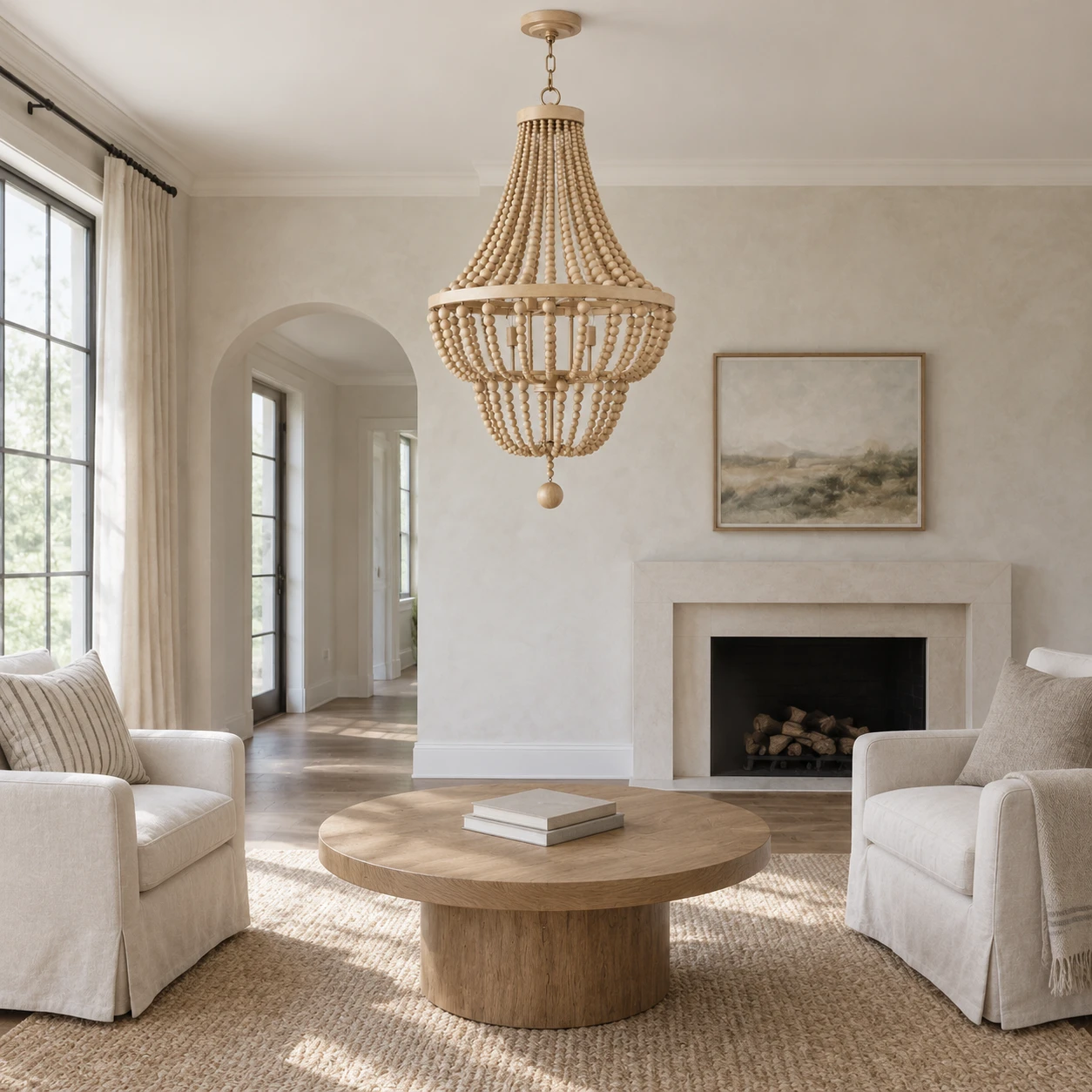 Large wood-bead chandelier in a lived-in living room