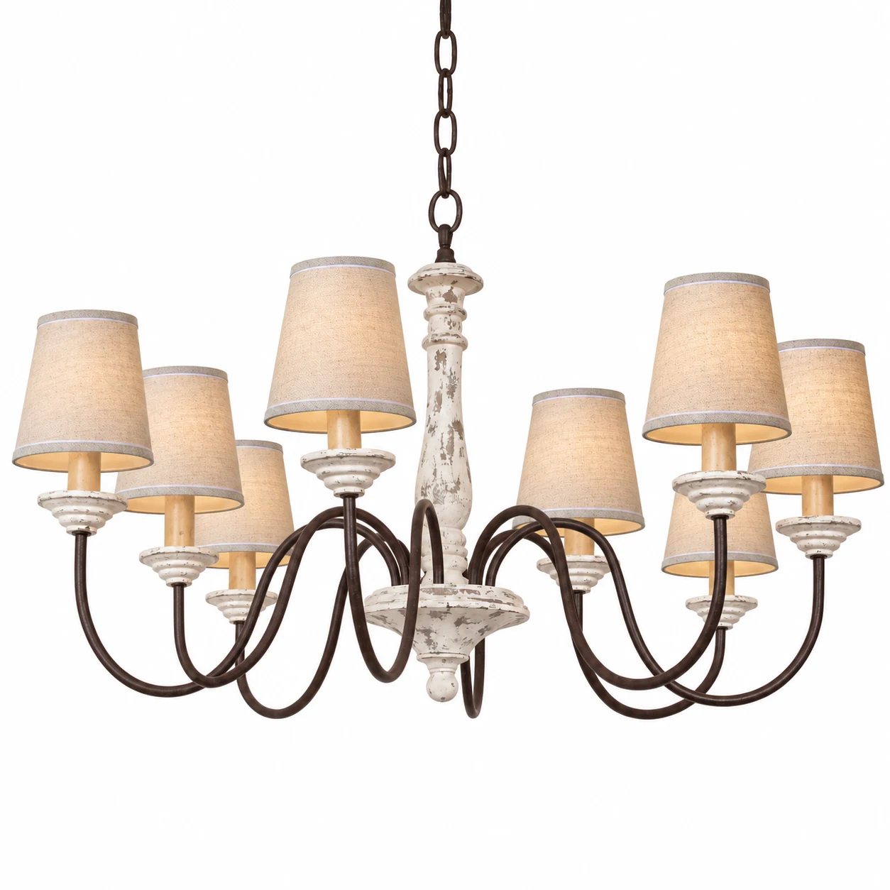 A · 8 Lights · Distressed White · Linen Shades wood chandelier on a white background