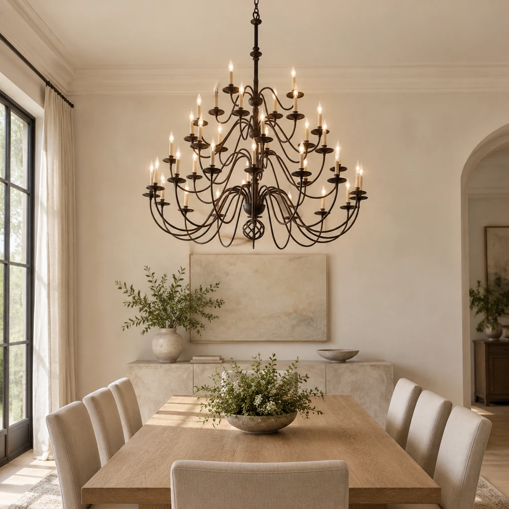 Castello matte black iron chandelier above a dining table