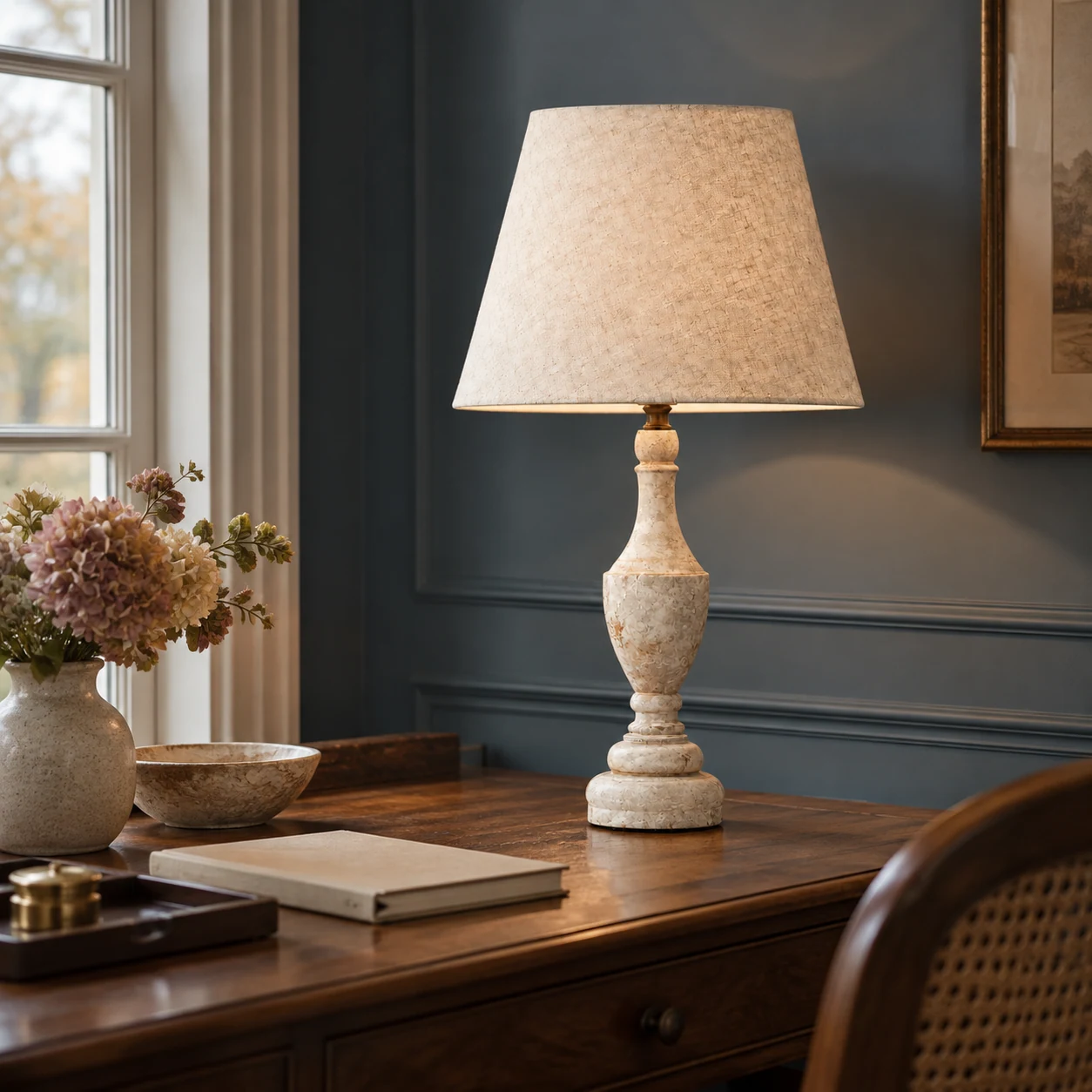 Antique white table lamp on a writing desk
