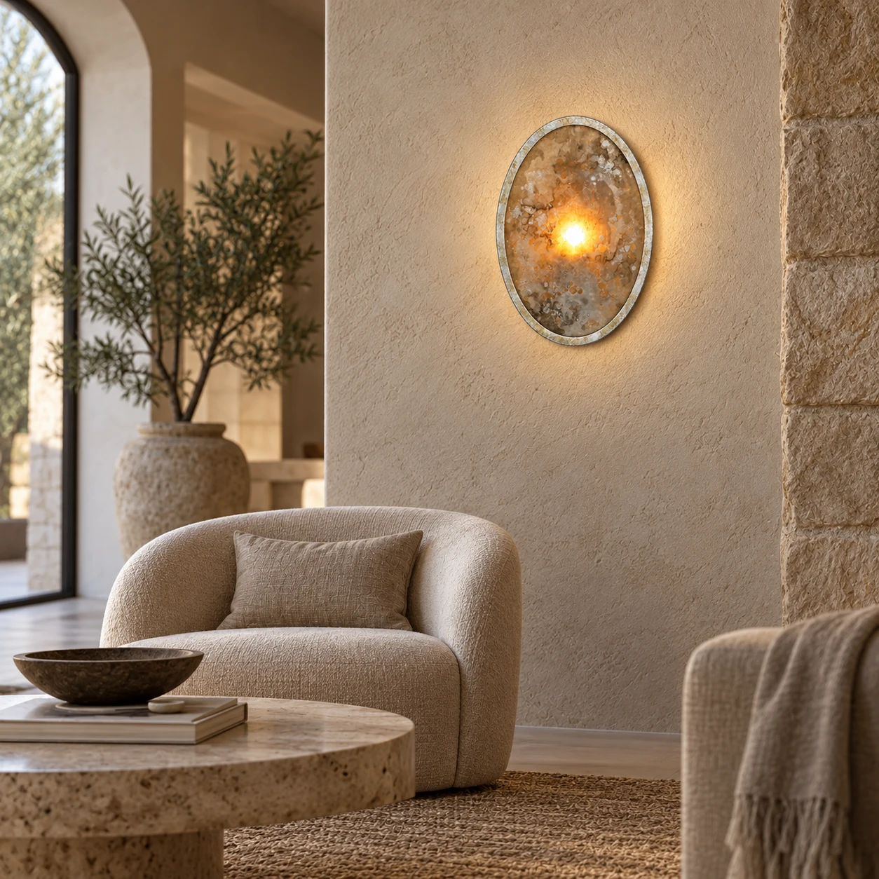 Clara French Vintage Antiqued Glass Iron Wall Sconce in a boutique hospitality lounge with stone, linen and restrained lighting