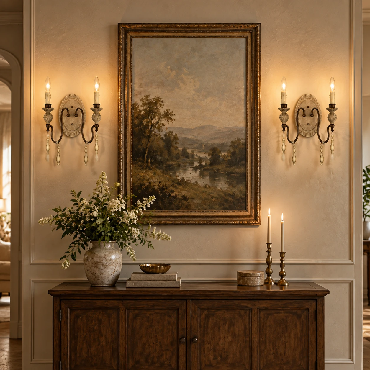 Two-light French country wall sconce beside living room art