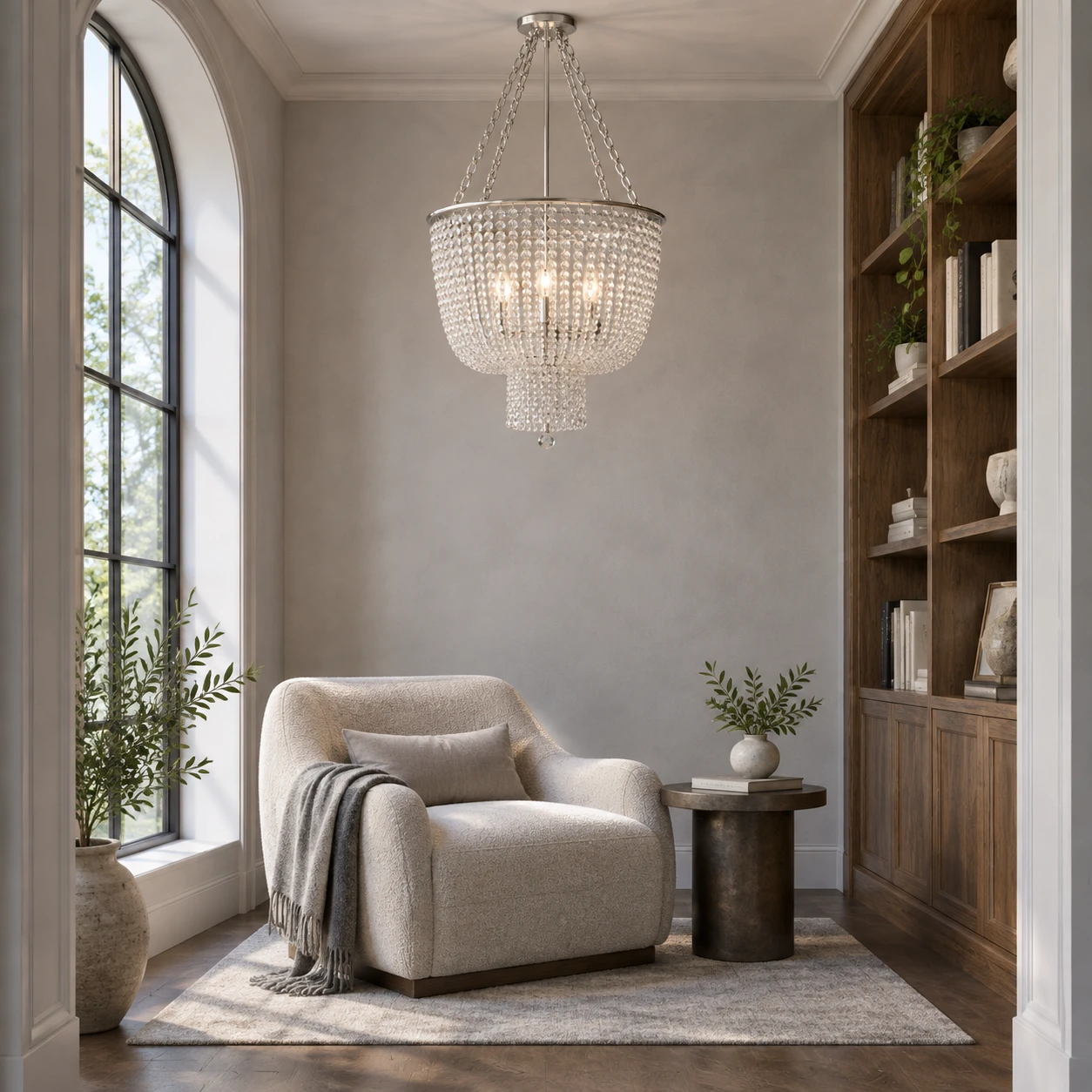 4-light clear bead chandelier in a reading alcove