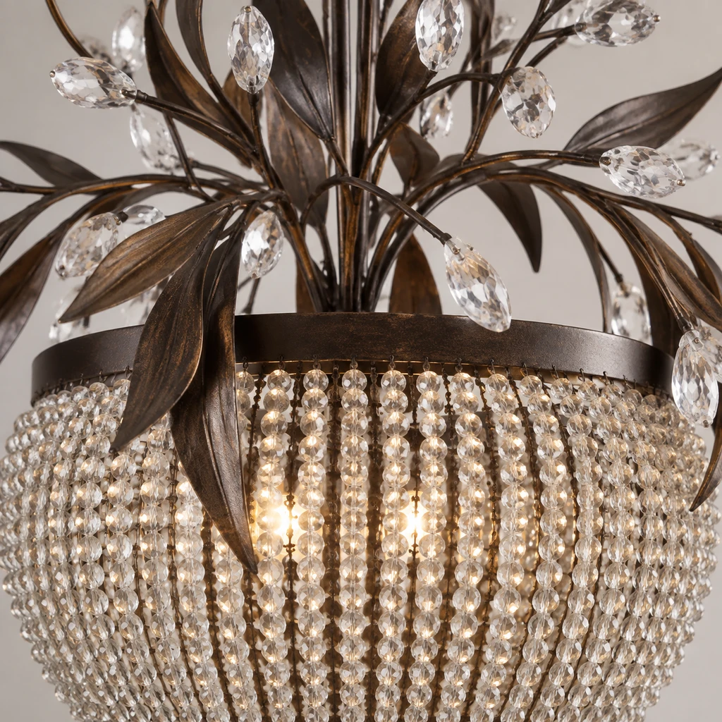 Close detail of Celeste crystal bead basket and dark circular rim