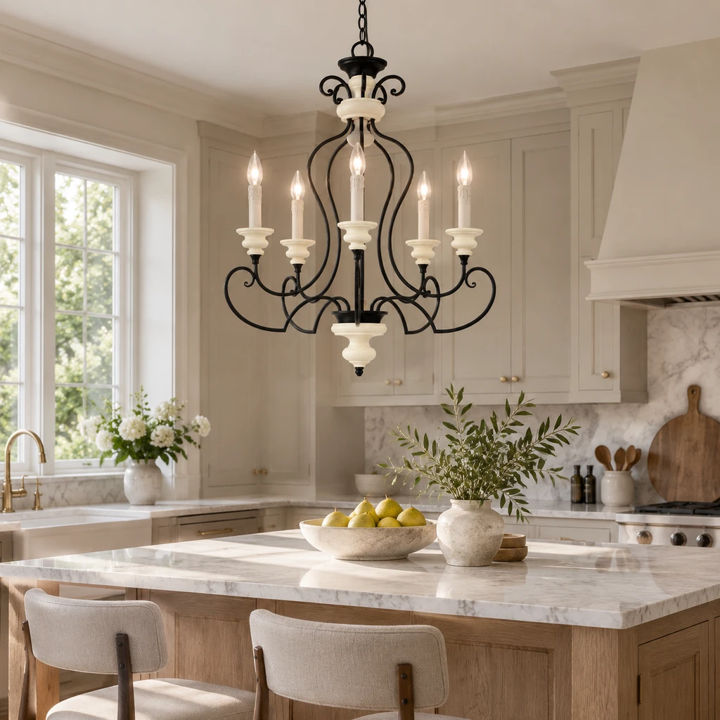 Aveline chandelier above a natural oak kitchen island