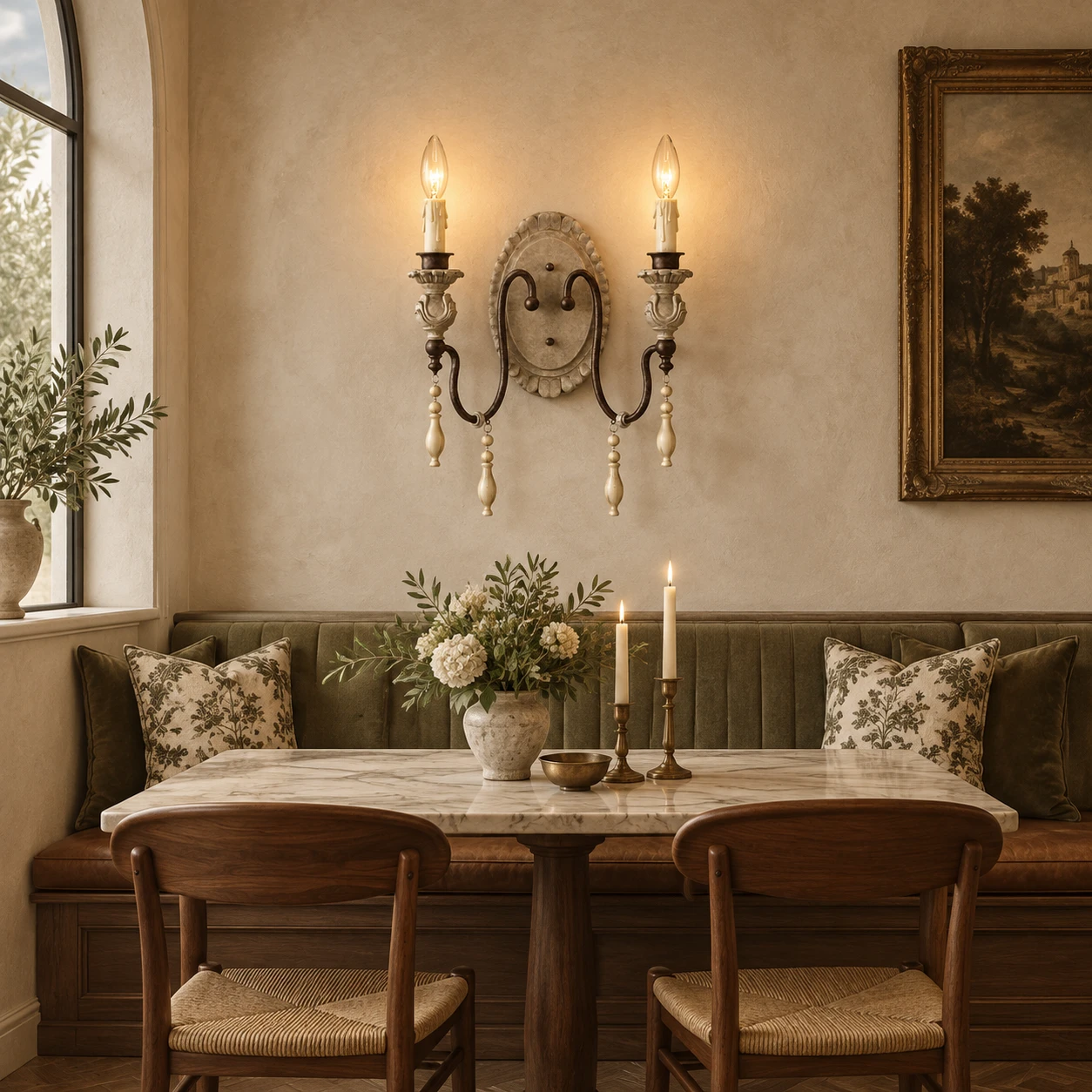 Two-light carved wood wall sconce in a dining room