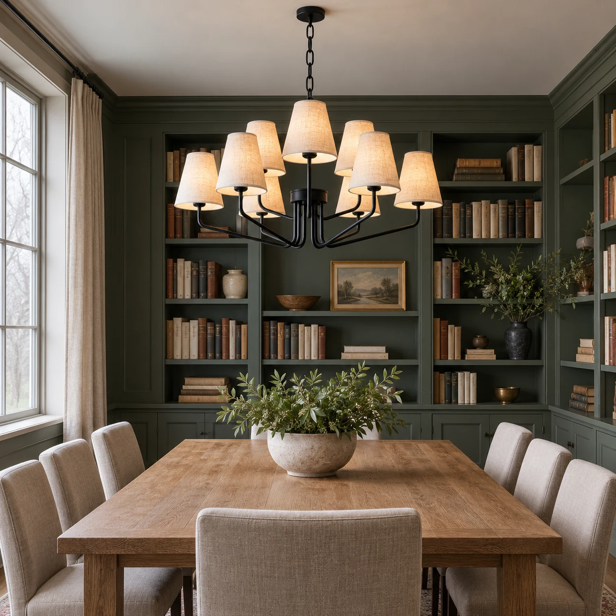 Lucia black iron branching fabric-shade chandelier in a library table