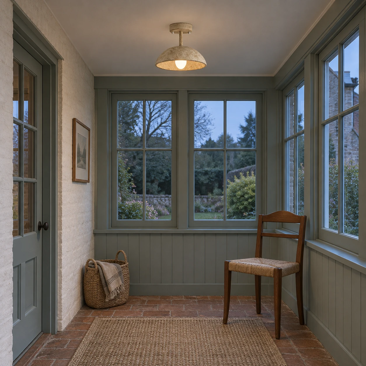 Clara textured resin flush mount ceiling light on a blue-green garden porch