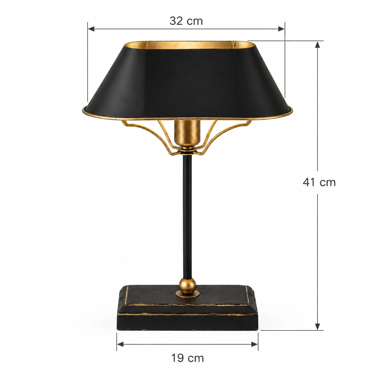 Seller-labeled table lamp dimensions: shade diameter 32 cm, overall height 41 cm, shade depth 19 cm