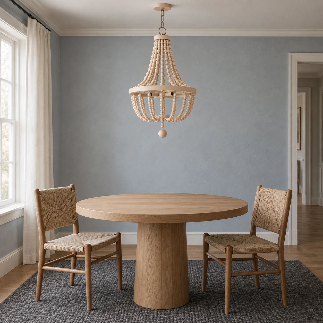 Small wood-bead chandelier in a compact sitting room