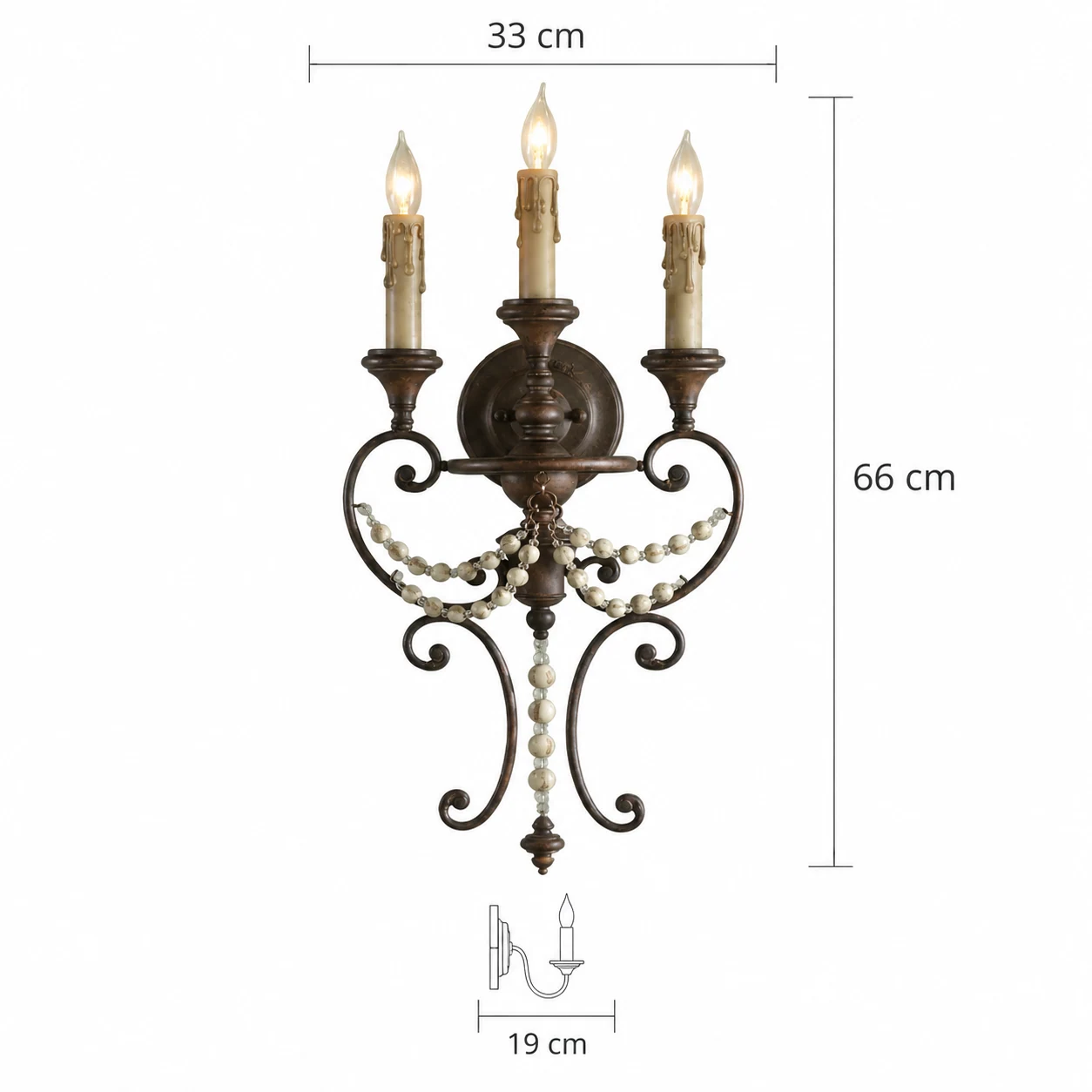 Antique three-light beaded wall sconce, dimension diagram