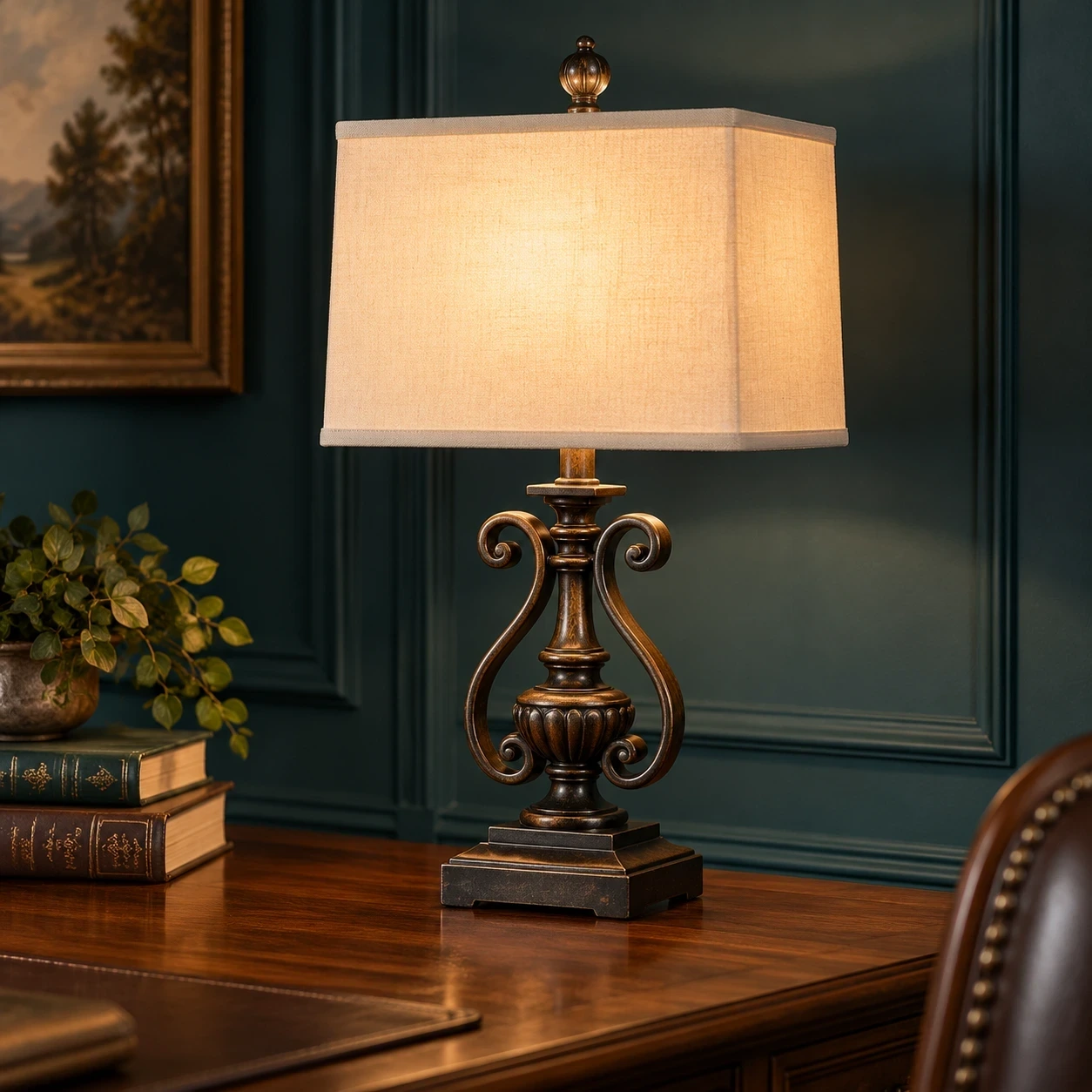 Rothbury ornate table lamp on a walnut study desk against deep teal walls