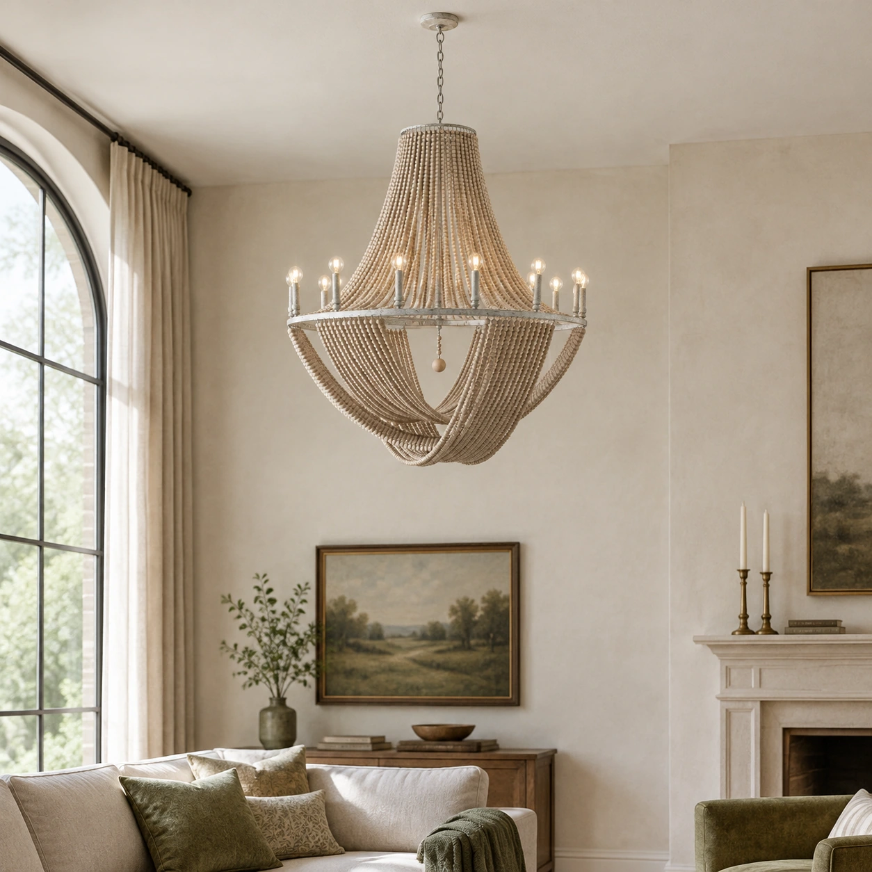 Twelve-light Elena wood bead chandelier in a great room