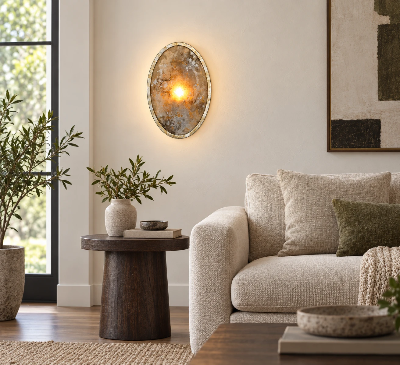 Clara French Vintage Antiqued Glass Iron Wall Sconce in a living room with an upholstered sofa and dark oak side table