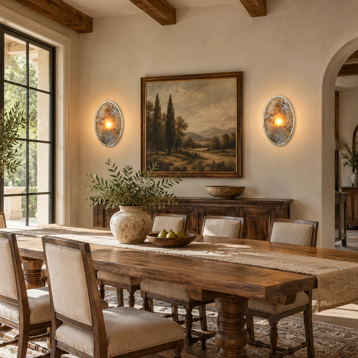 Clara French Vintage Antiqued Glass Iron Wall Sconce in an French vintage dining area with a long wood table