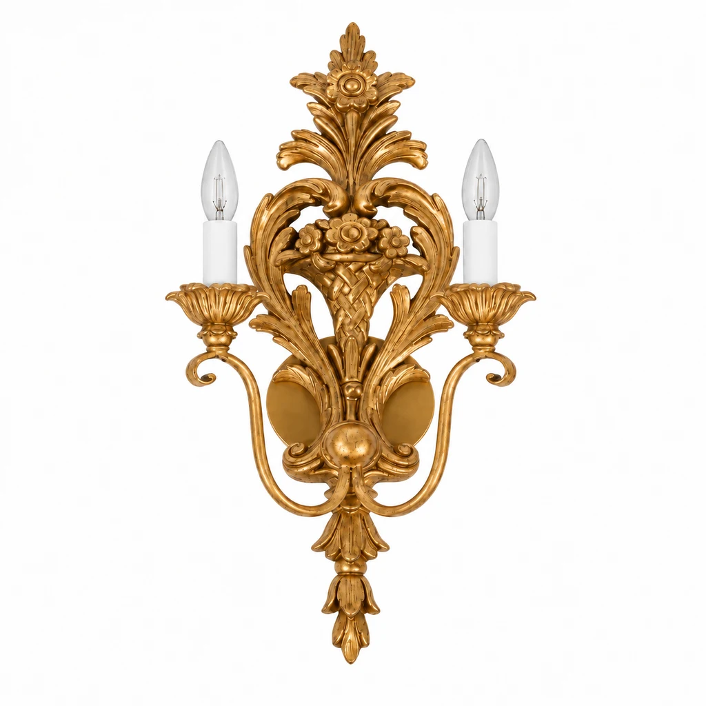 Amelie carved gold-finish wood wall sconce on white