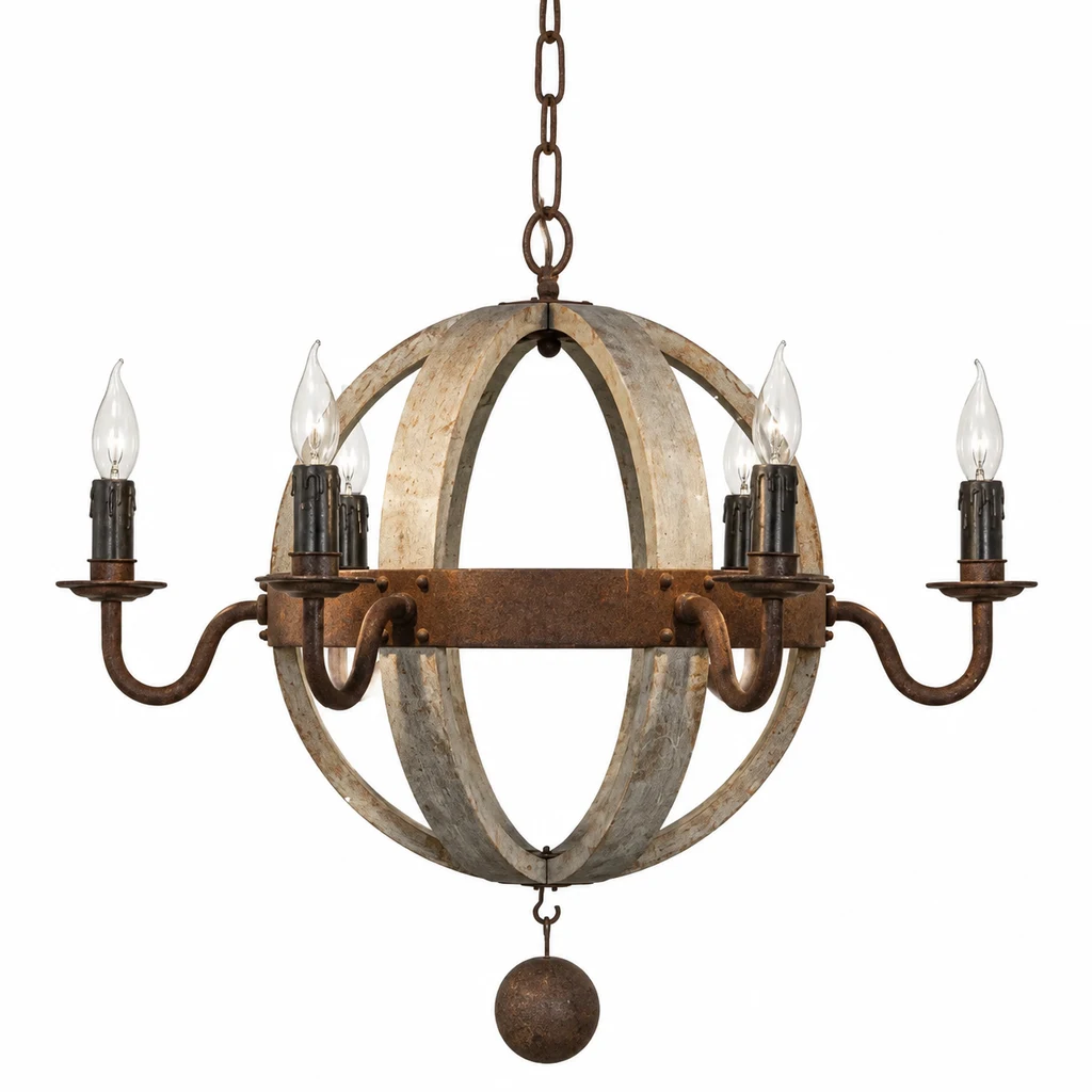 Elowen six-light spherical rustic wood chandelier on white