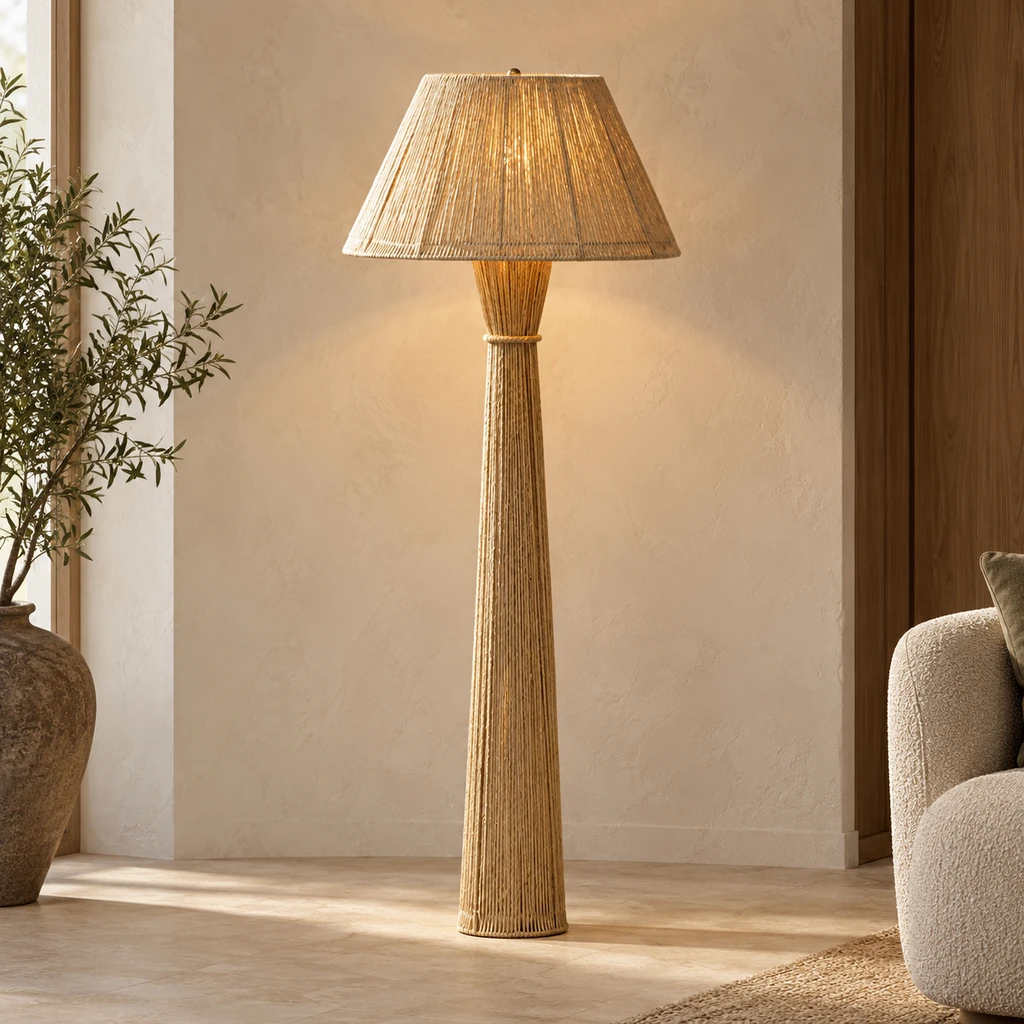 Dahlia French vintage woven grass-rope floor lamp centered in a quiet living interior