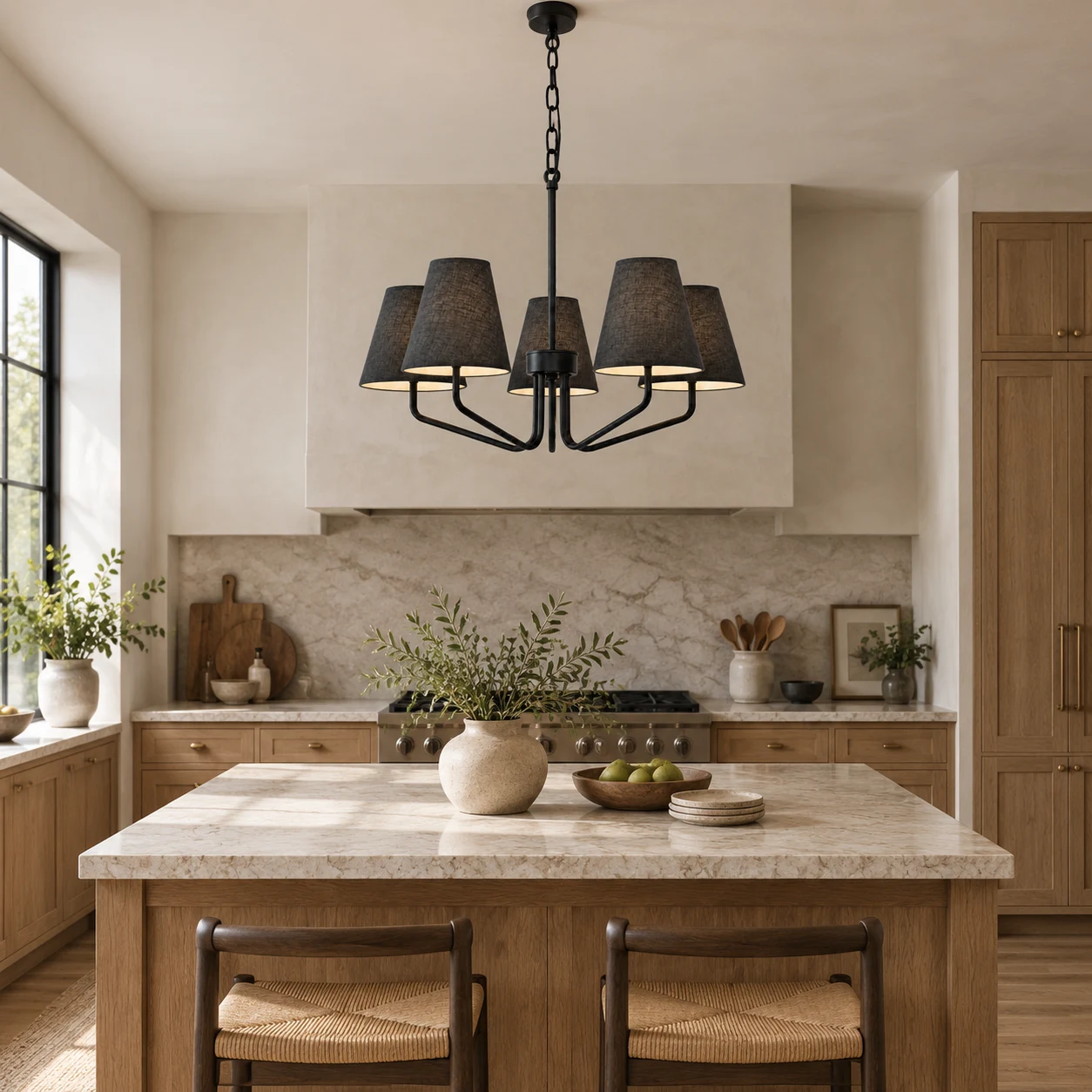 Lucia black iron branching fabric-shade chandelier in a kitchen island