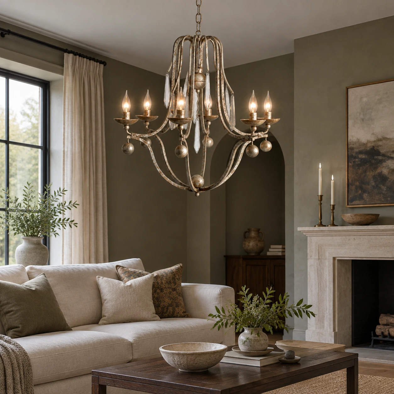 Distressed Iron Chandelier in 6-Light living room · muted olive plaster and daylight
