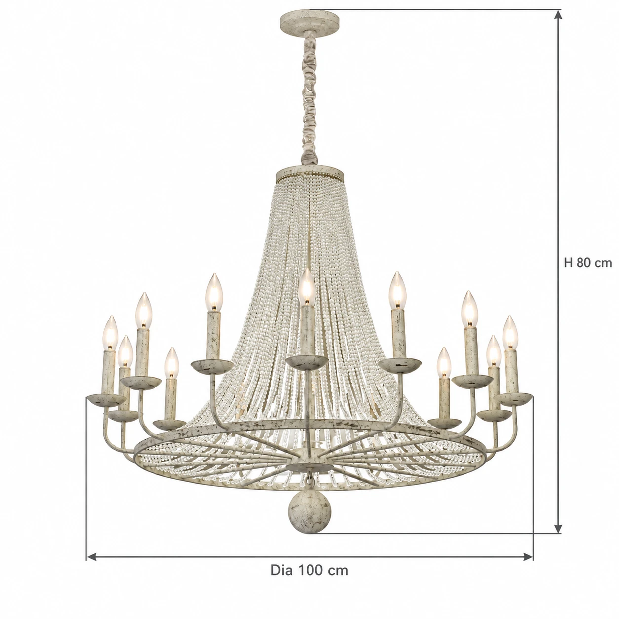 14-light chandelier dimensions: 80 cm high and 100 cm diameter