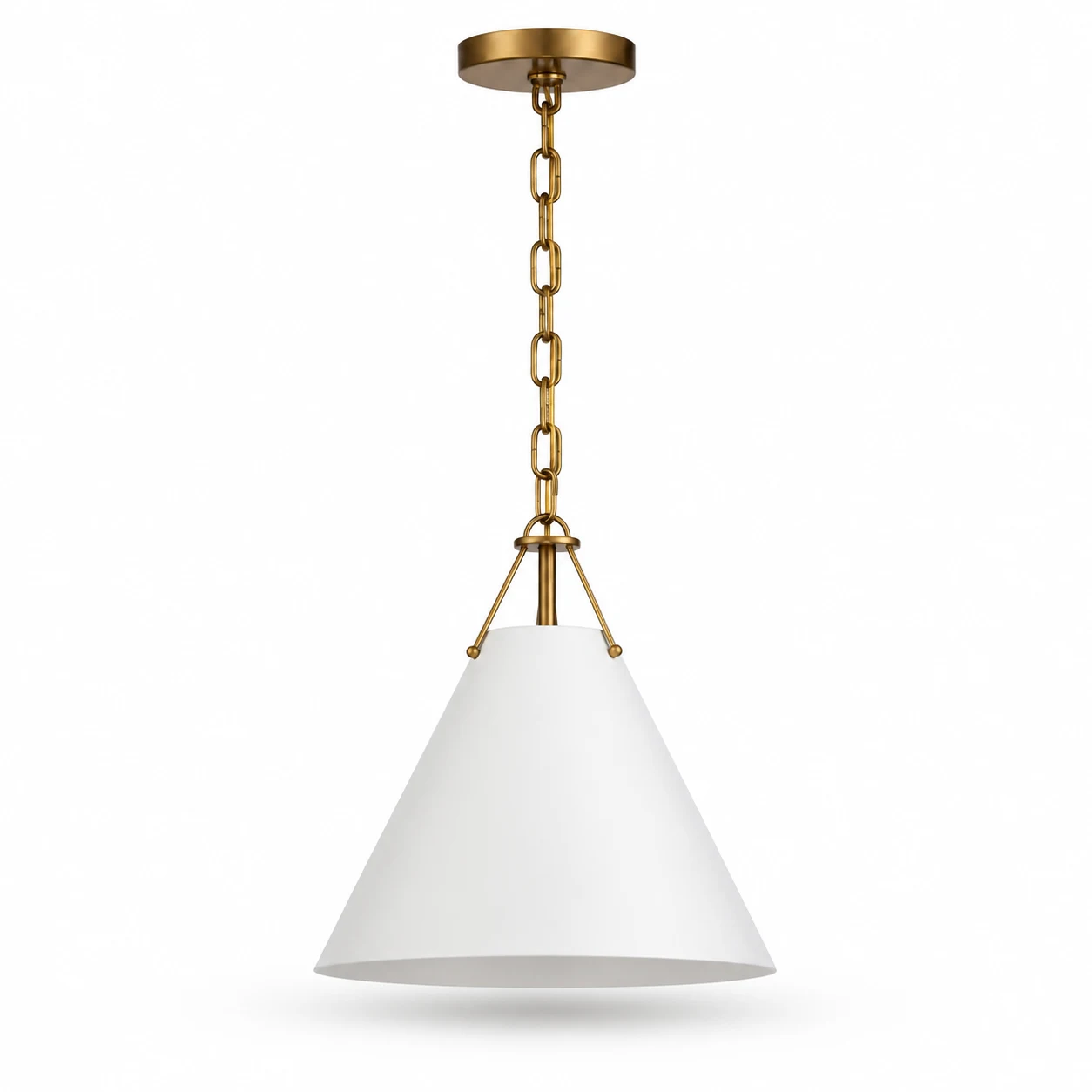 Elodie white single-head iron cone pendant light with antique-brass hardware on white