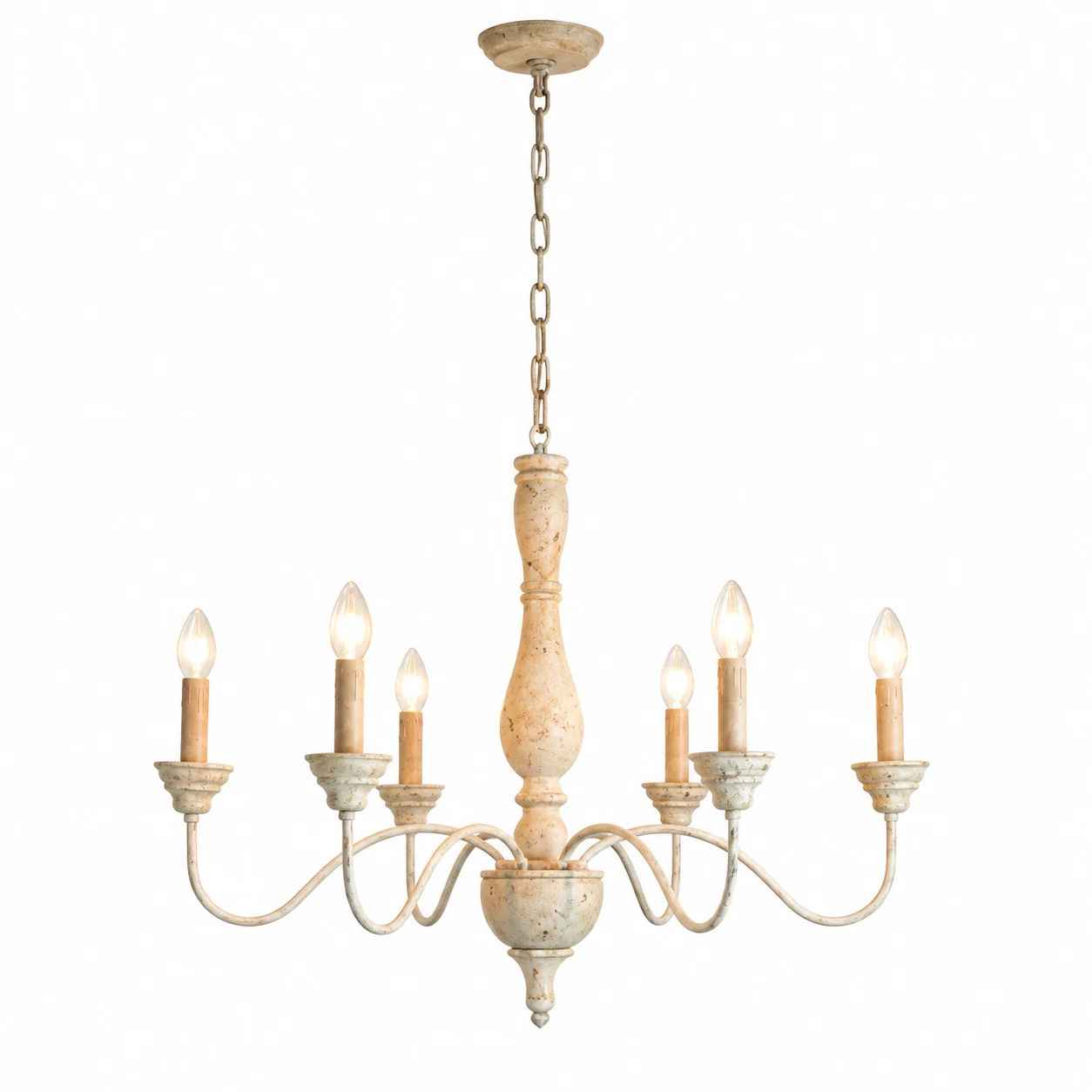 B · 6 Lights · Distressed White · Open Candle wood chandelier on a white background