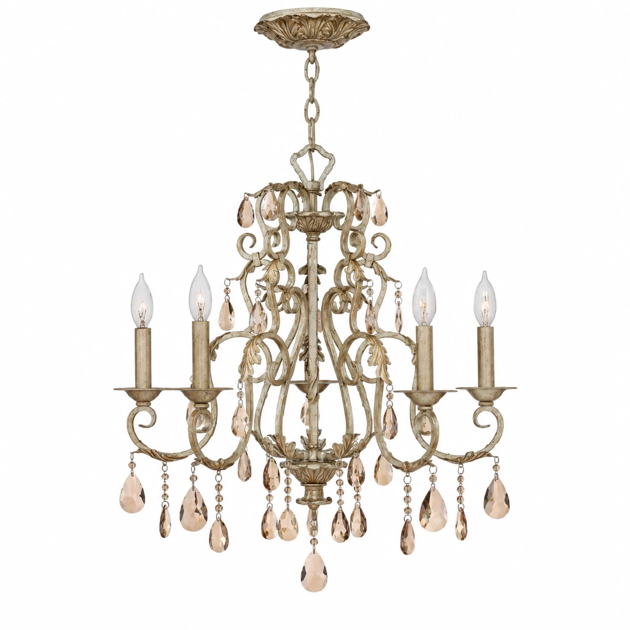 Eliza vintage iron and crystal four-light chandelier on white