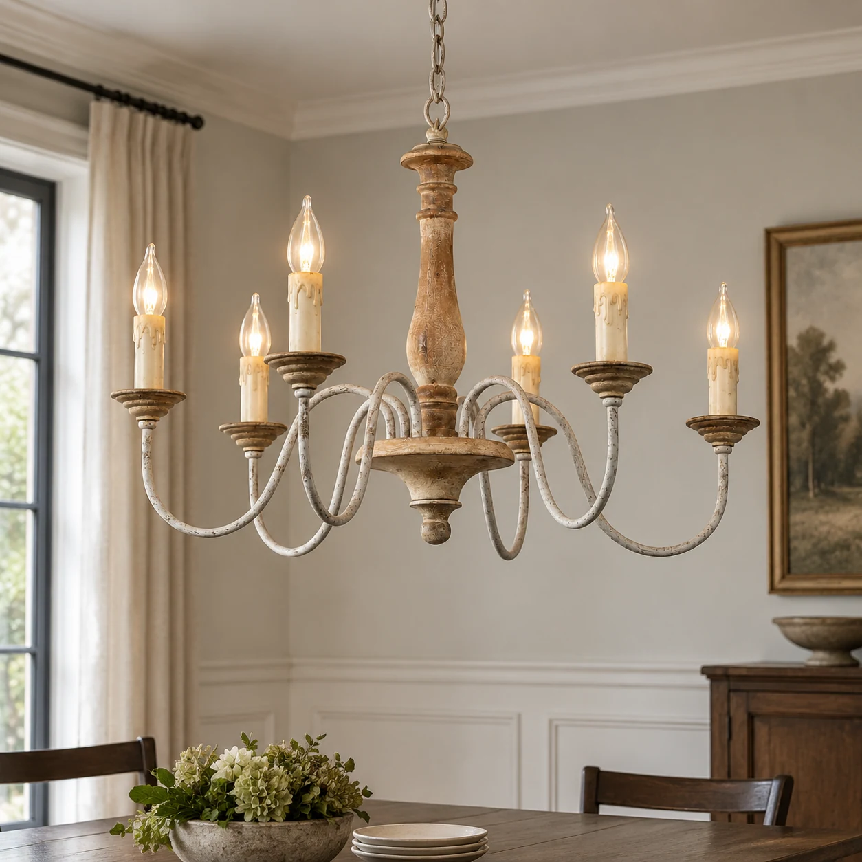 Weathered wood chandelier installed in a dining room