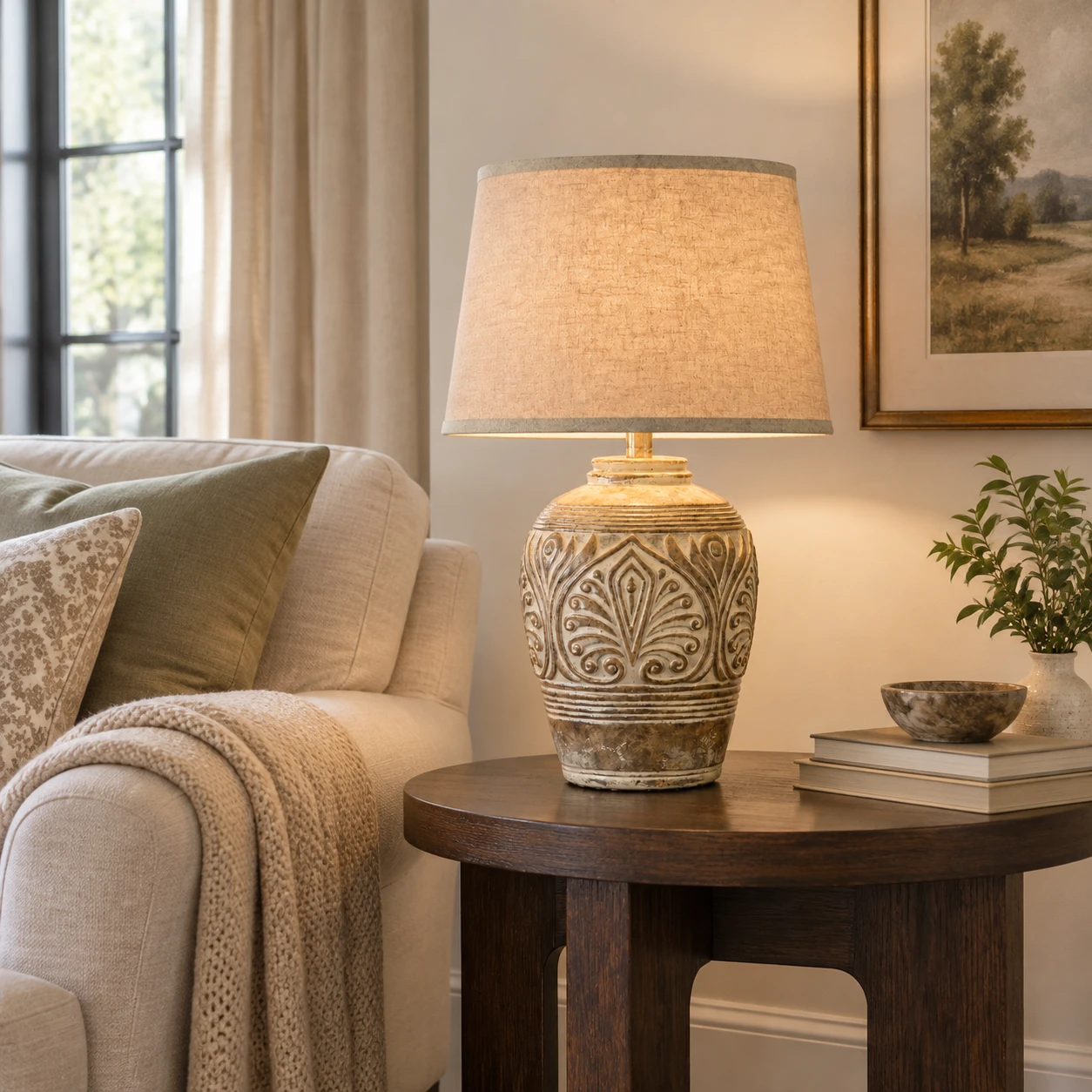 American Rustic Wood Table Lamp in a living room with an upholstered sofa and dark oak side table