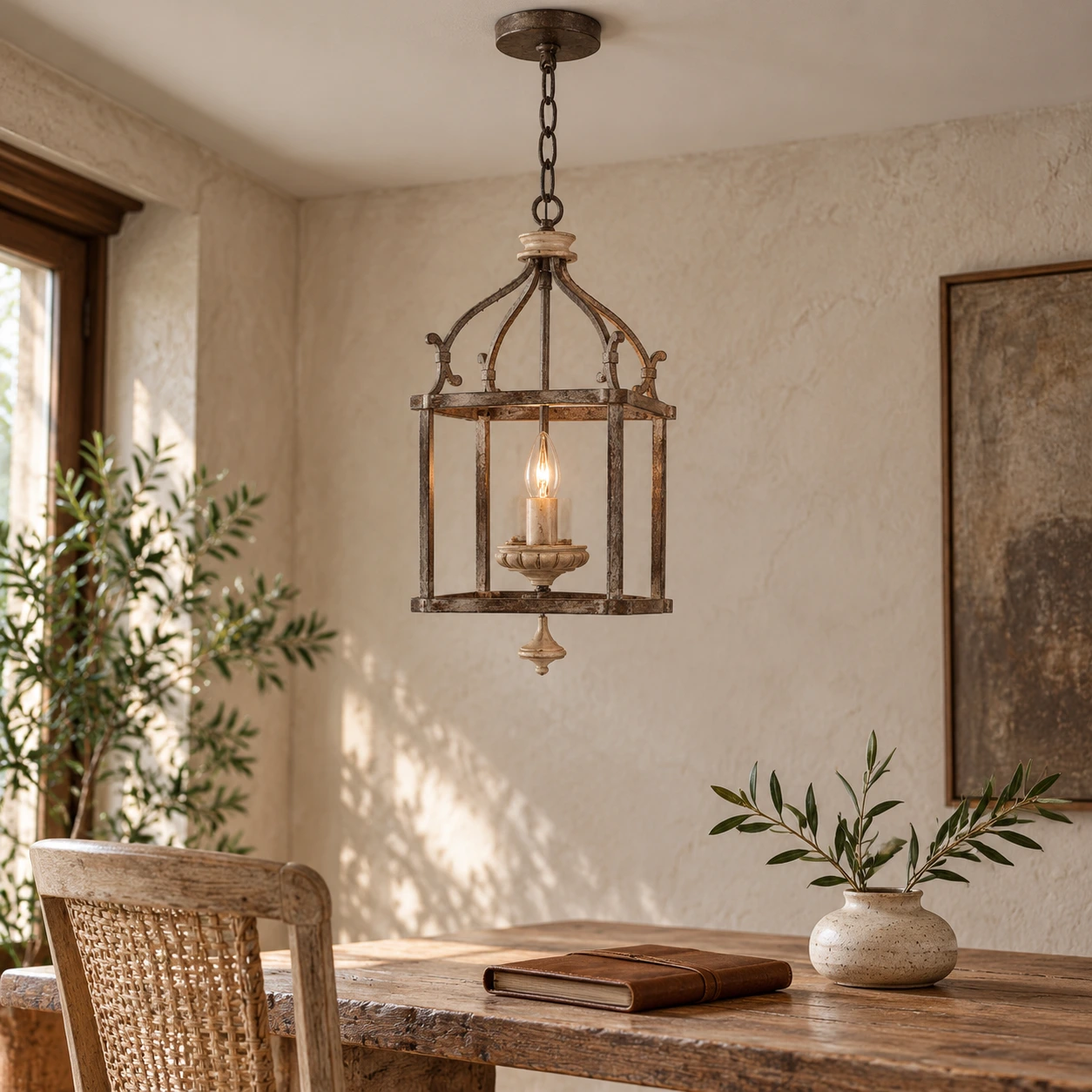 Clara Rustic Vintage Mesh Wood-and-Iron Pendant Light — 06 scene reading