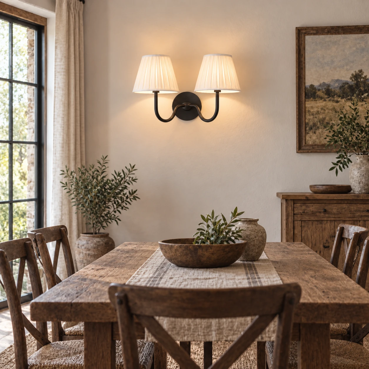 American Rustic Fabric Light in an American rustic dining area with a long wood table