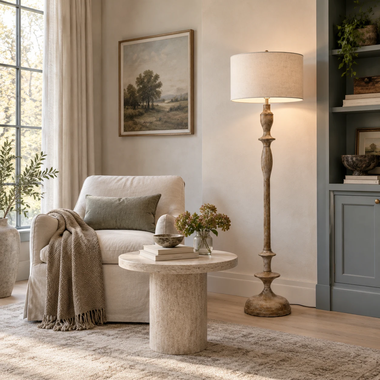 Camille French country turned-wood floor lamp in a reading nook