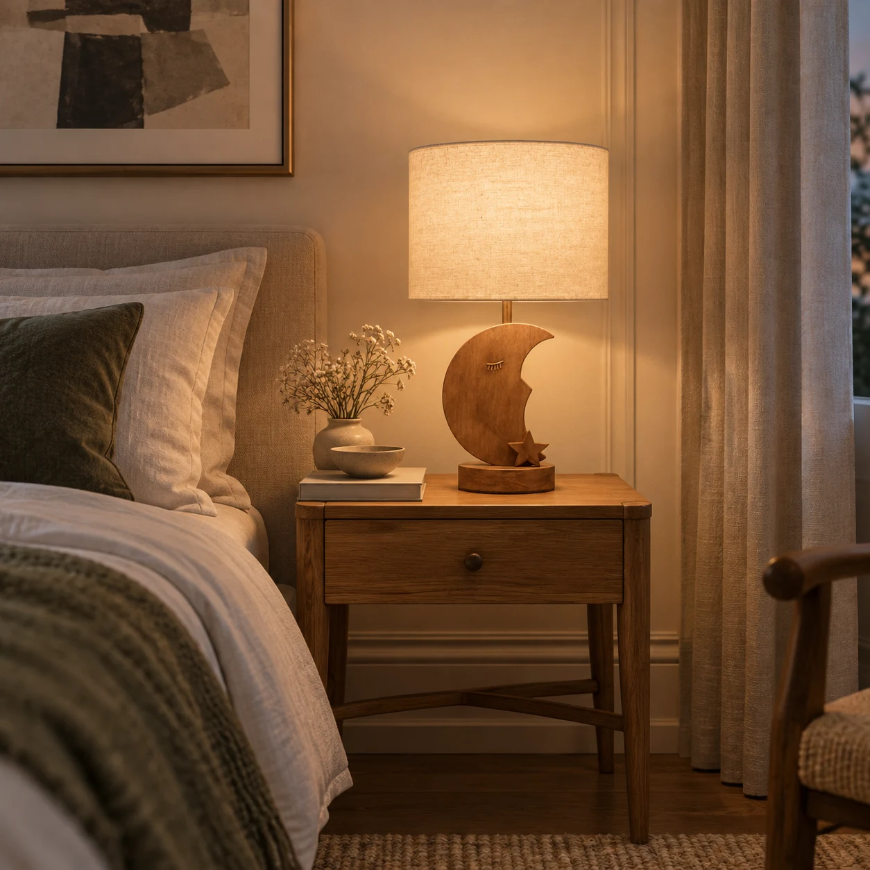 Moon carved wood table lamp in a artful bedside setting