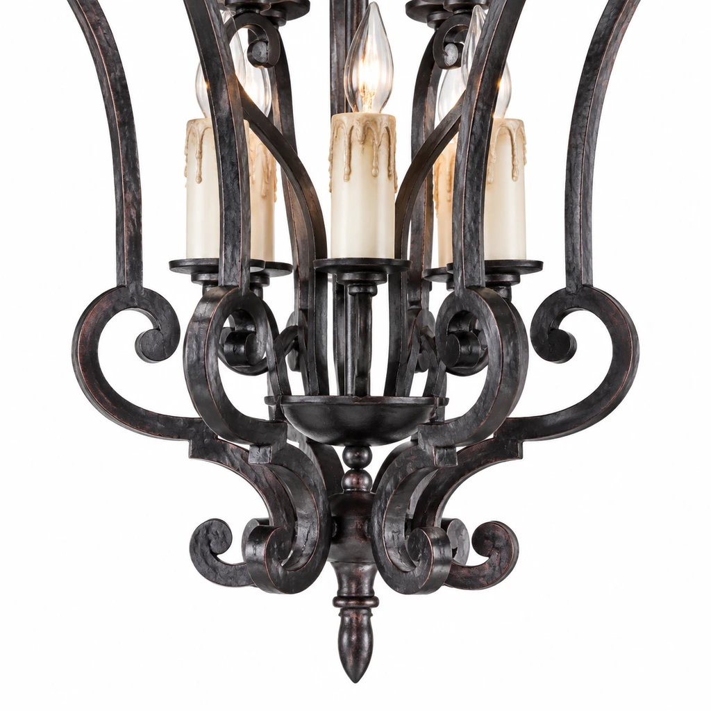 Close view of the lower scroll basket and pointed finial