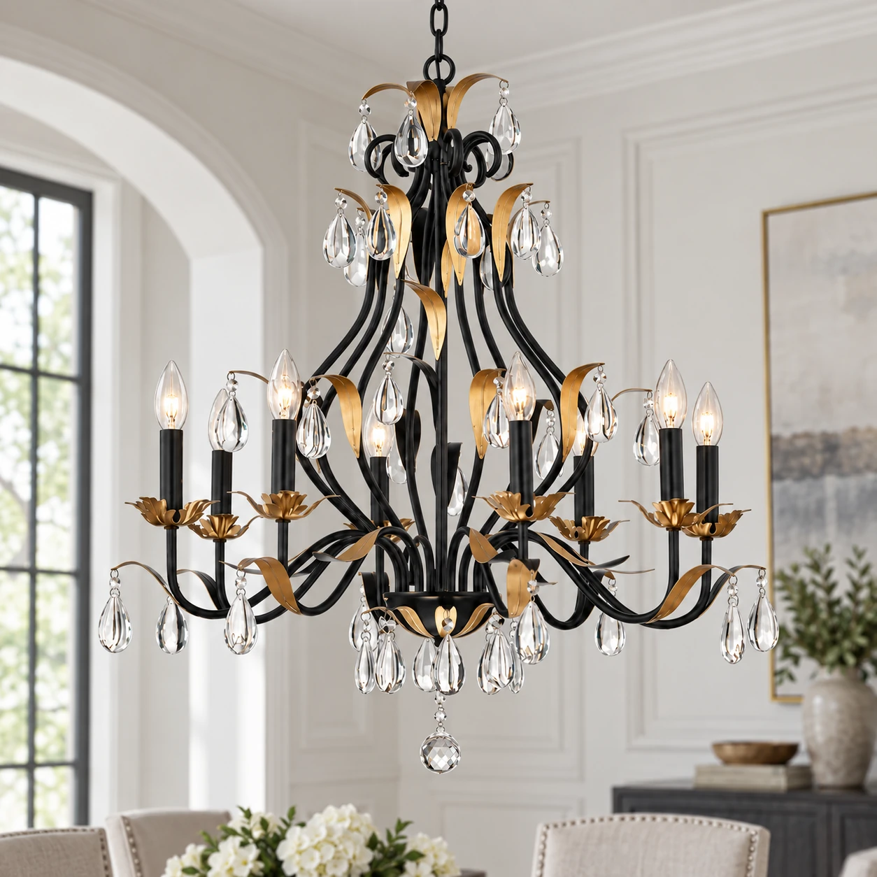 Close detail of matte black iron branches and clear crystal drops