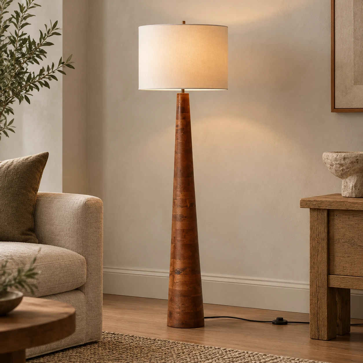 Marlow Rustic Carved Wood Floor Lamp — Carved wood floor lamp in a living room corner