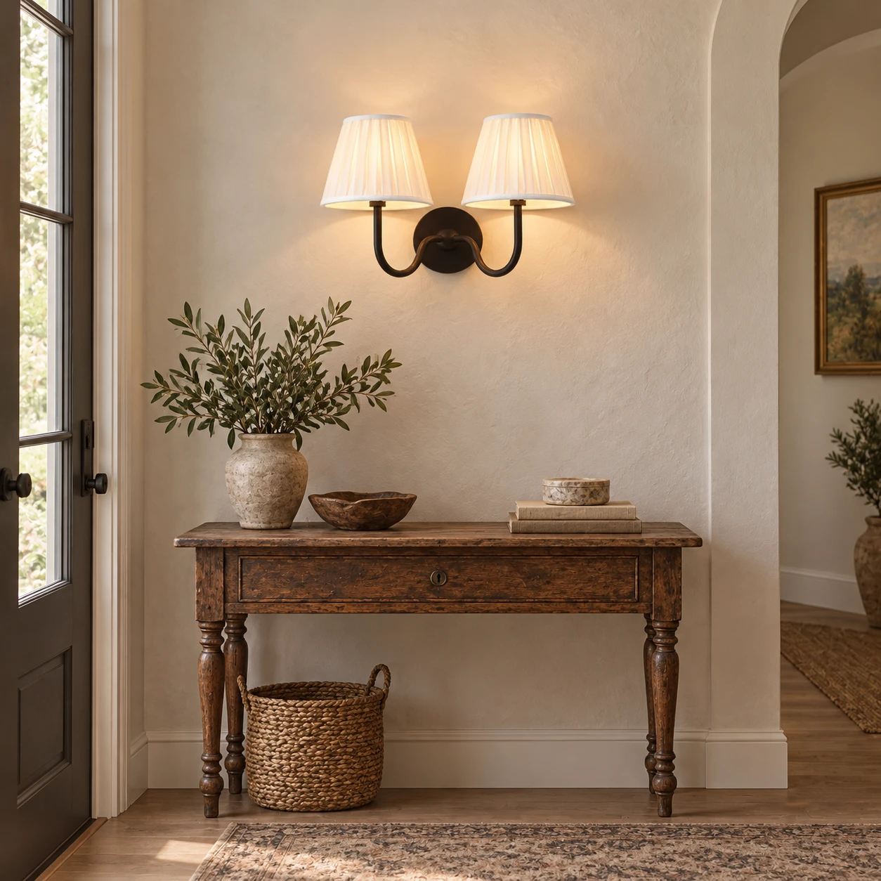 American Rustic Fabric Light in a narrow entry foyer with a plaster wall and antique console