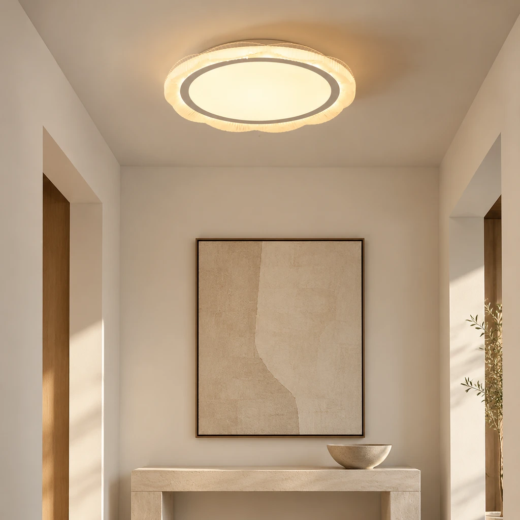 Luca flush mount ceiling light in a quiet hallway