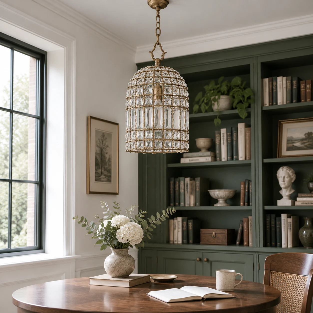 Clara crystal cage pendant in a reading library