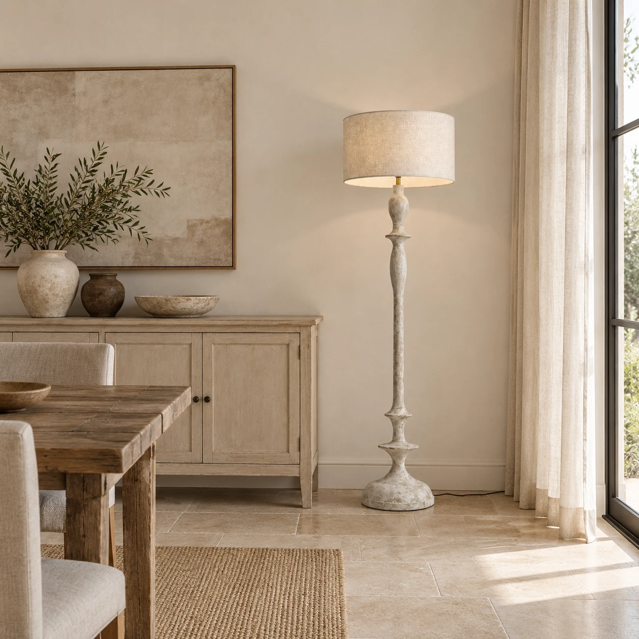 Camille French country turned-wood floor lamp in a dining room sideboard