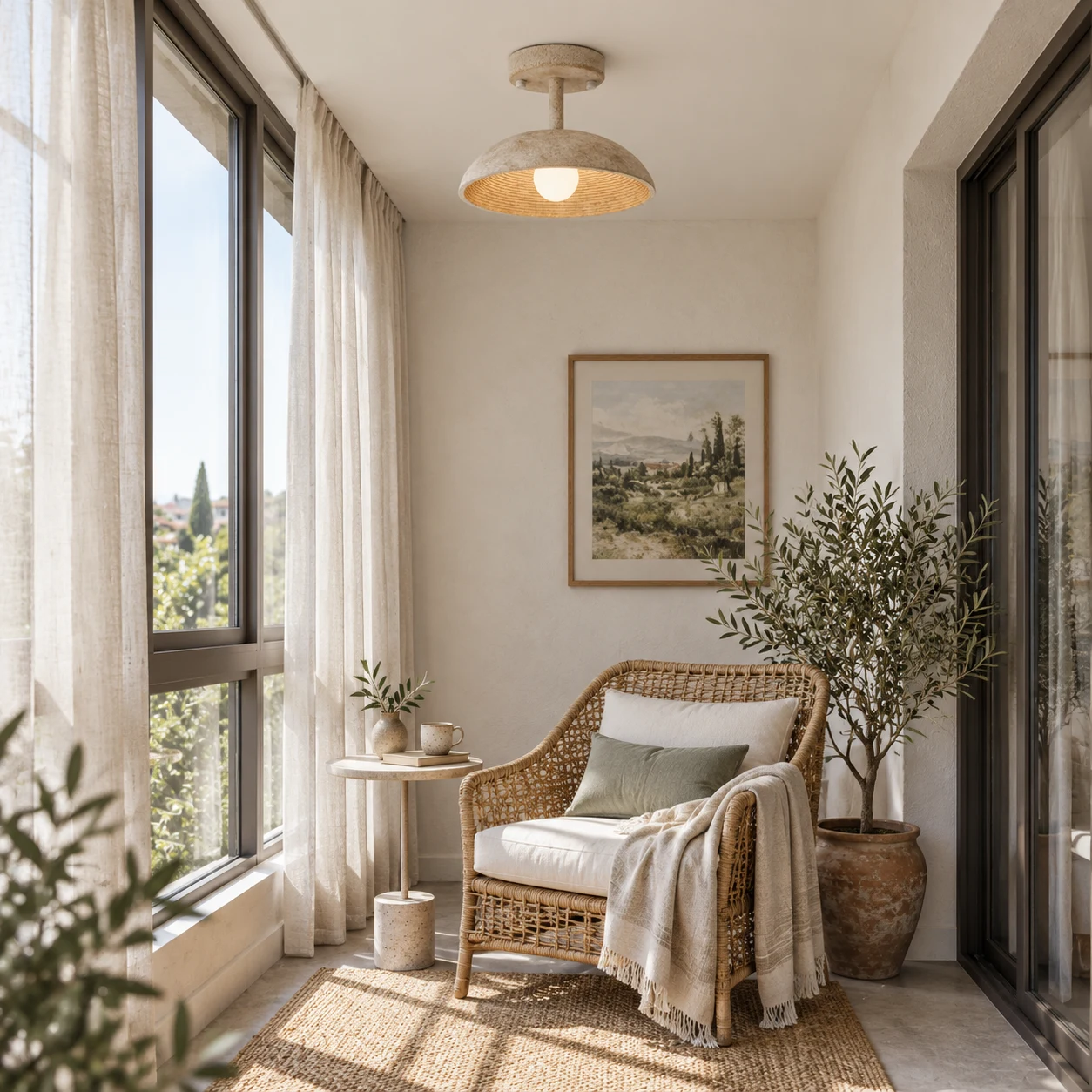 Clara vintage textured resin flush mount ceiling light in an enclosed balcony