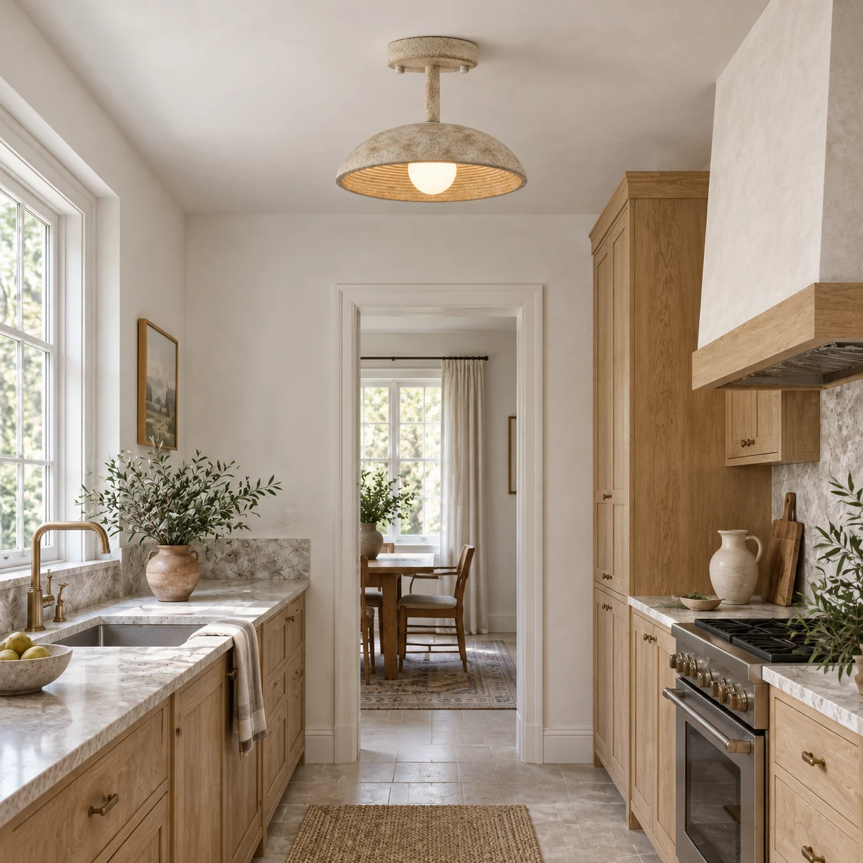 Clara vintage textured resin flush mount ceiling light in a compact kitchen