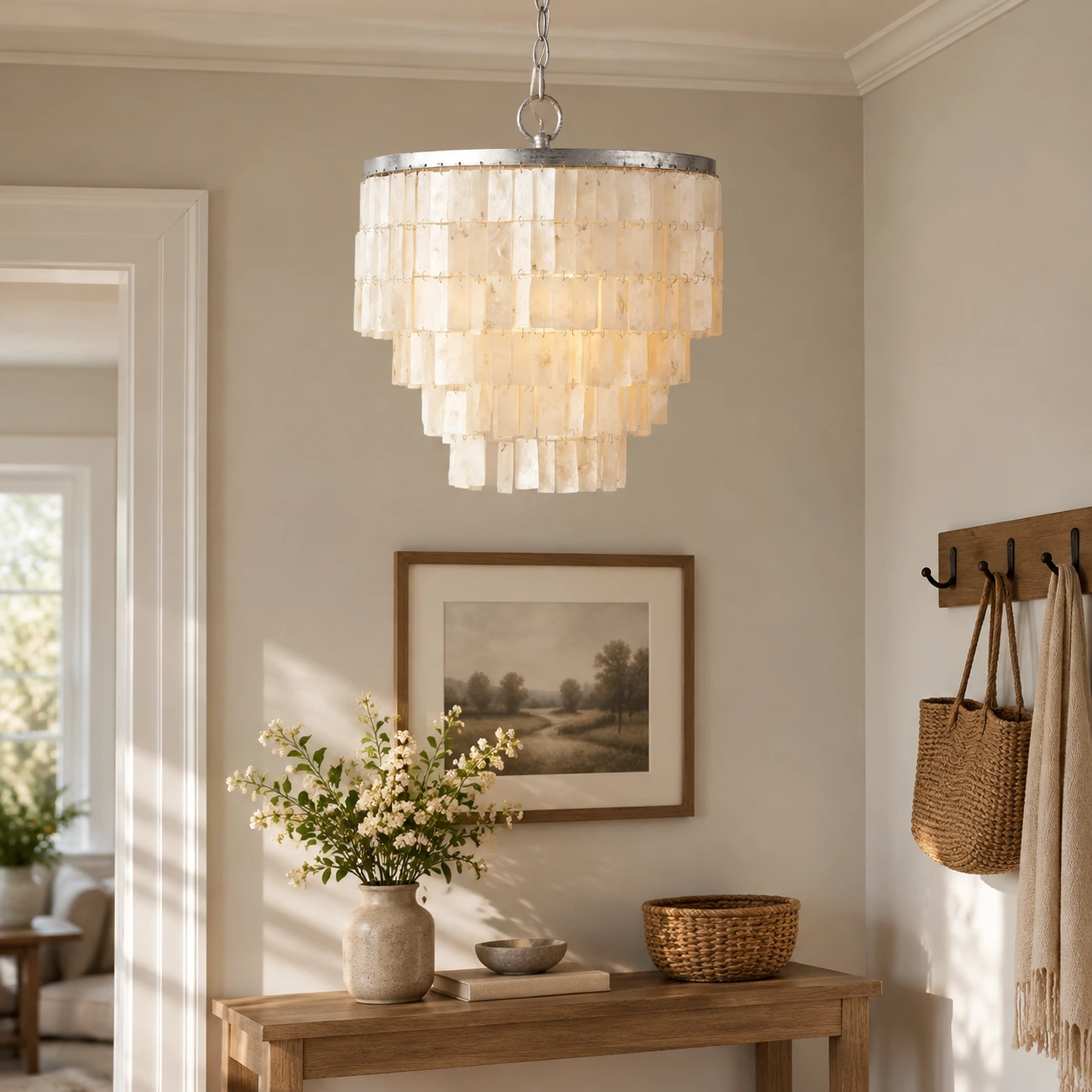 Avery Tiered Iron Shell Chandelier — Tiered shell chandelier in an entry corner
