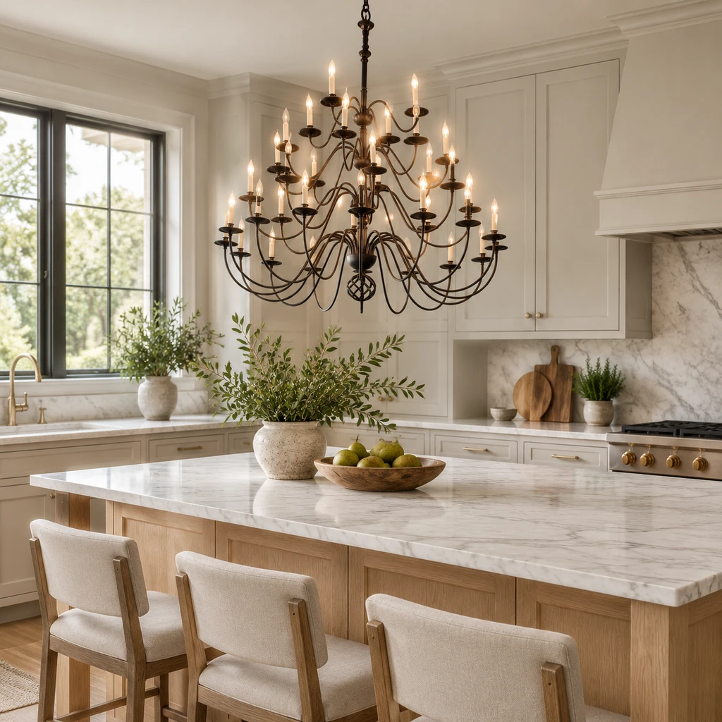 Castello chandelier above a light kitchen island