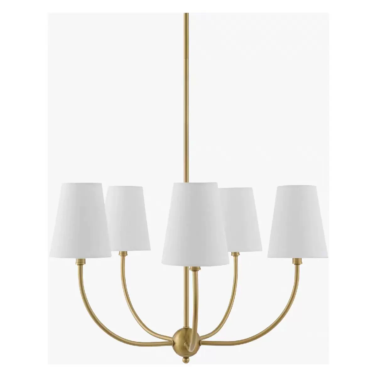 Gold five-light branch chandelier with fabric shades on a white background